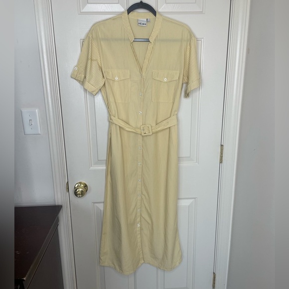 ICHI Yellow Striped Belted Shirt Dress Button Down Midi Short Sleeve Pockets - Picture 1 of 14